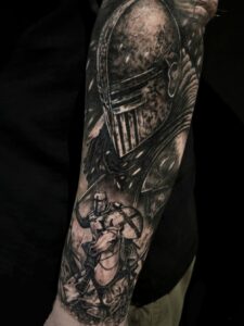 black and grey Knight realism tattoo