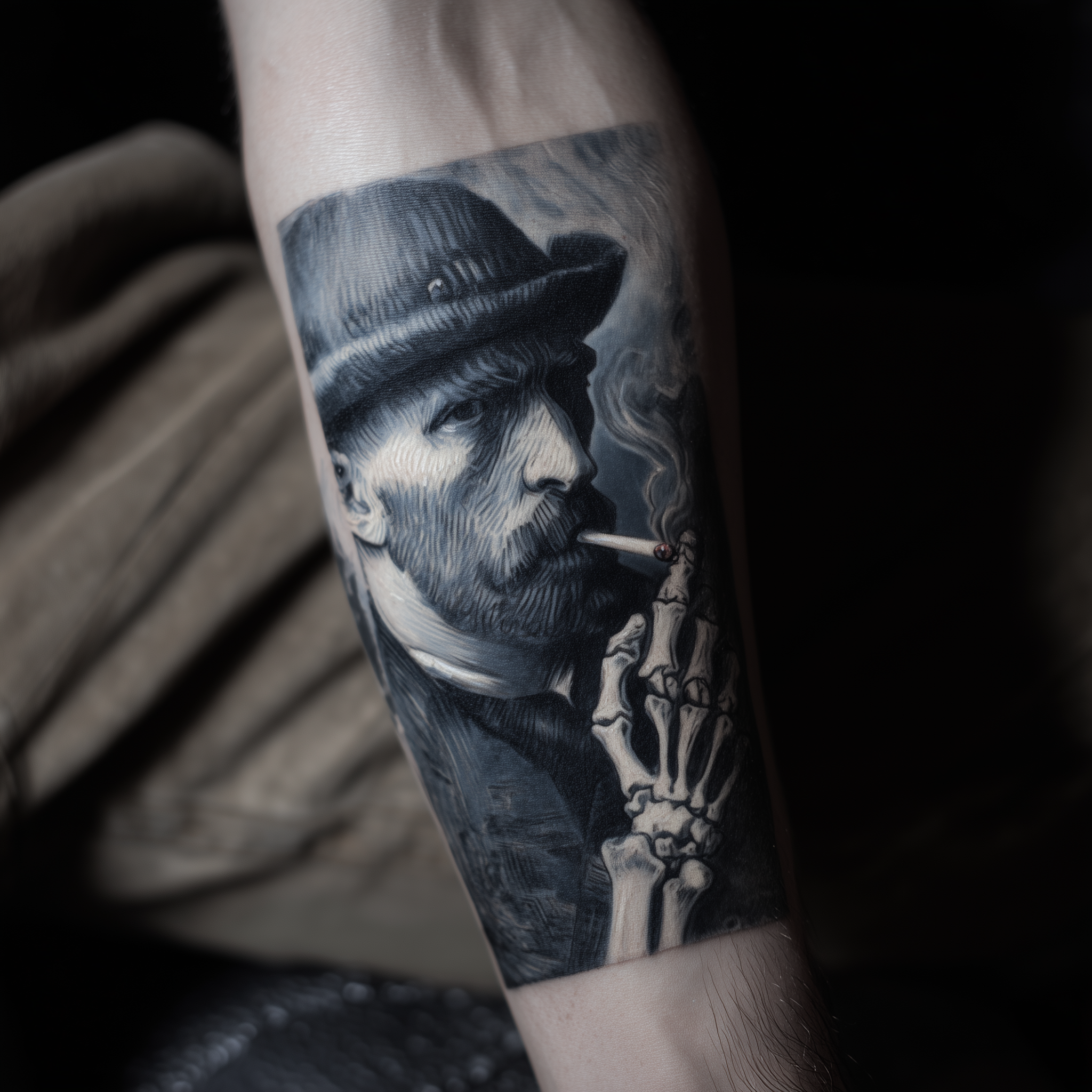black and grey portrait realism tattoo