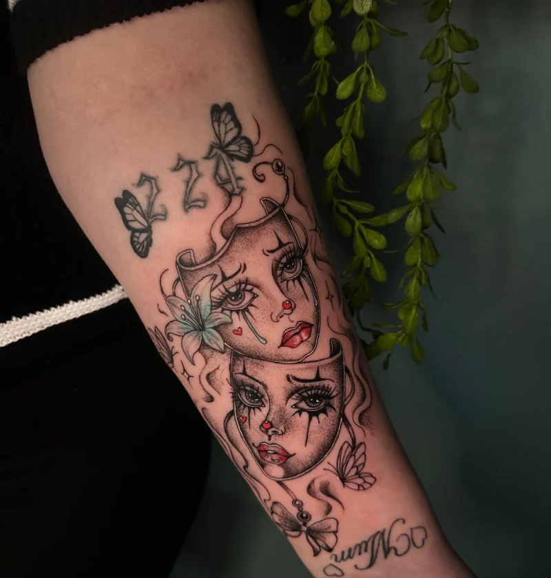 Blackwork botanical floral forearm tattoo