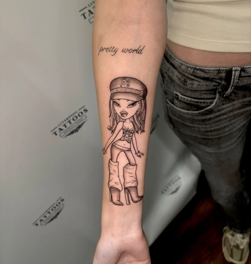 Fine line Bratz doll character portrait tattoo by Demi in Liverpool