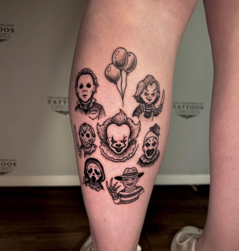 Black and grey horror movie villains leg tattoo by female artist Demi