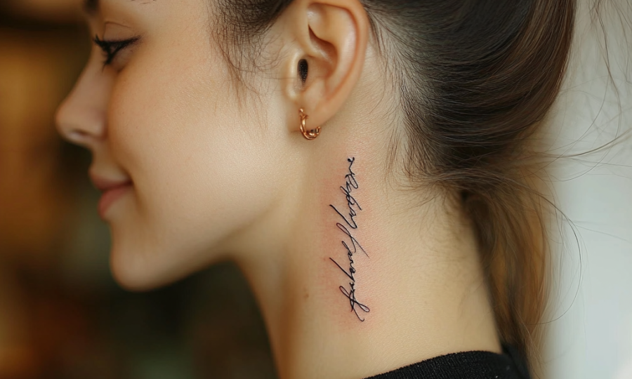 little script neck tattoo